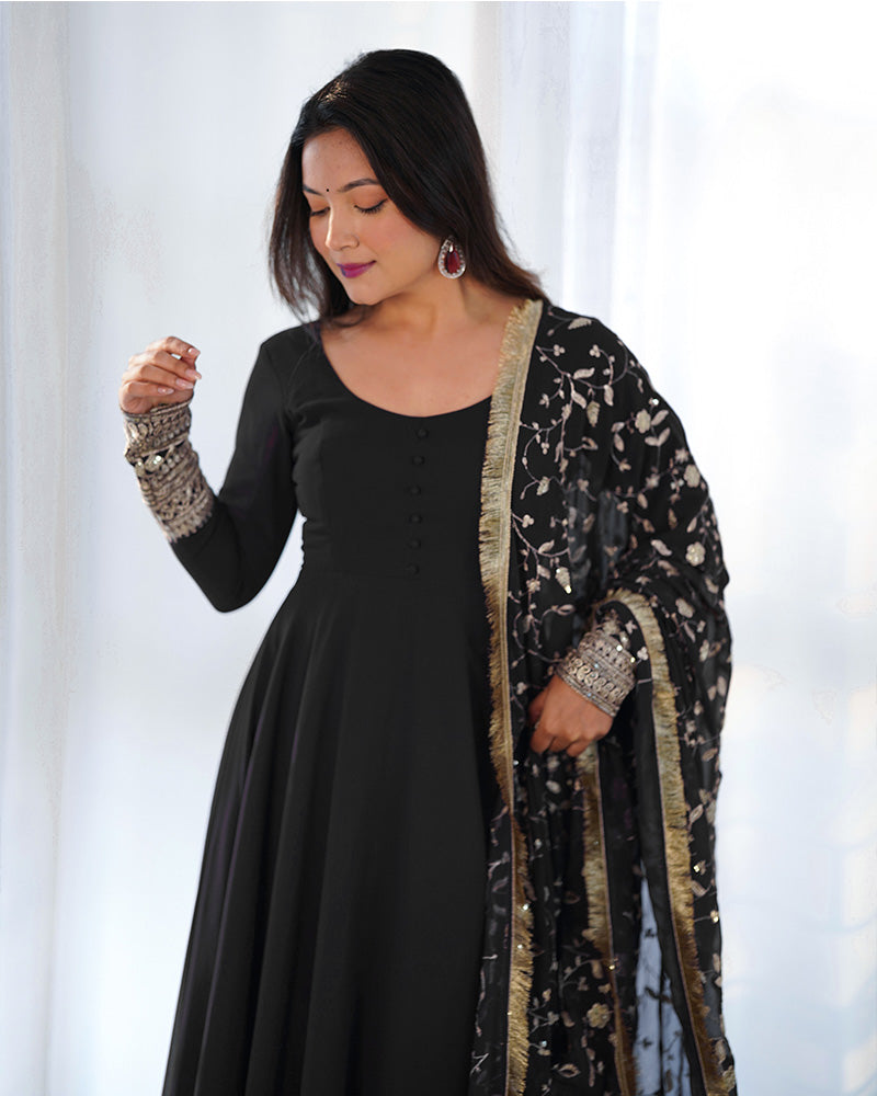  Chic black georgette anarkali gown featuring heavy embroidery work 