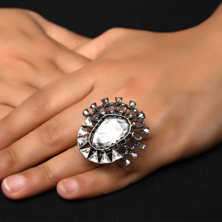 Gitika Diamonds Rhodium Plated Victorian Ring with intricate floral design and sparkling diamonds