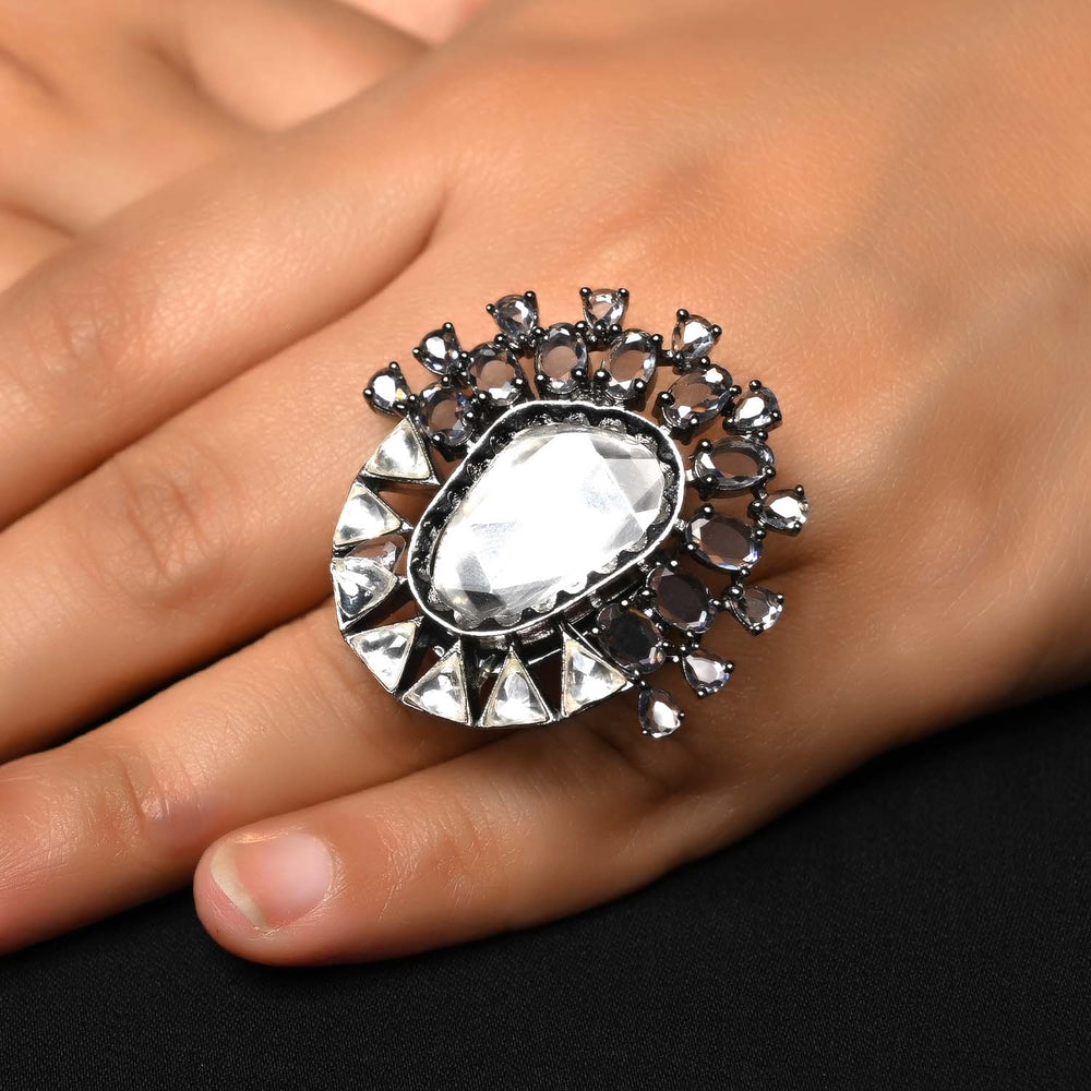 Gitika Diamonds Rhodium Plated Victorian Ring with intricate floral design and sparkling gemstones