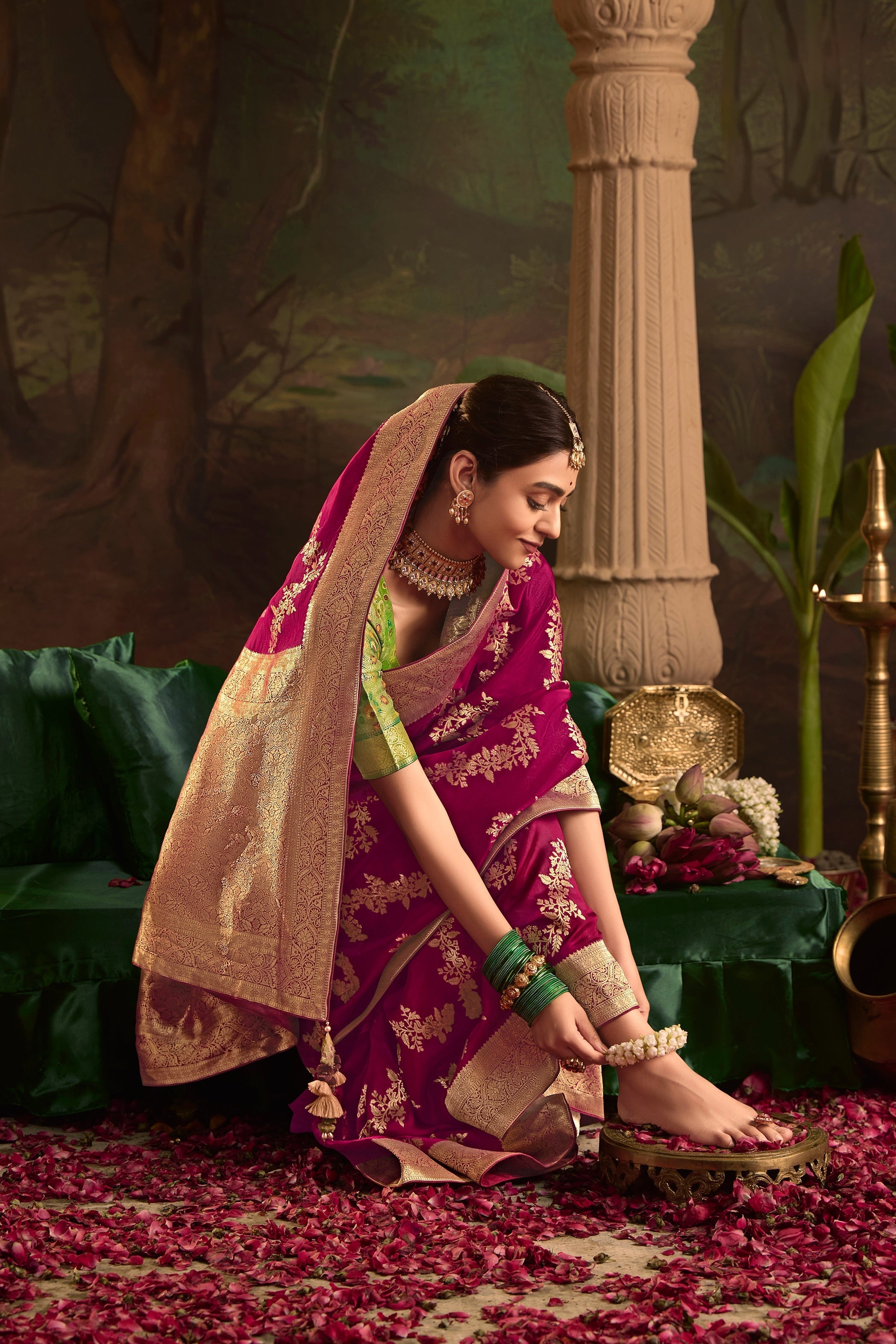 Wine Pure Crepe Dola Silk With Heavy Viewing Work And Tussles On Pallu Saree - qivii