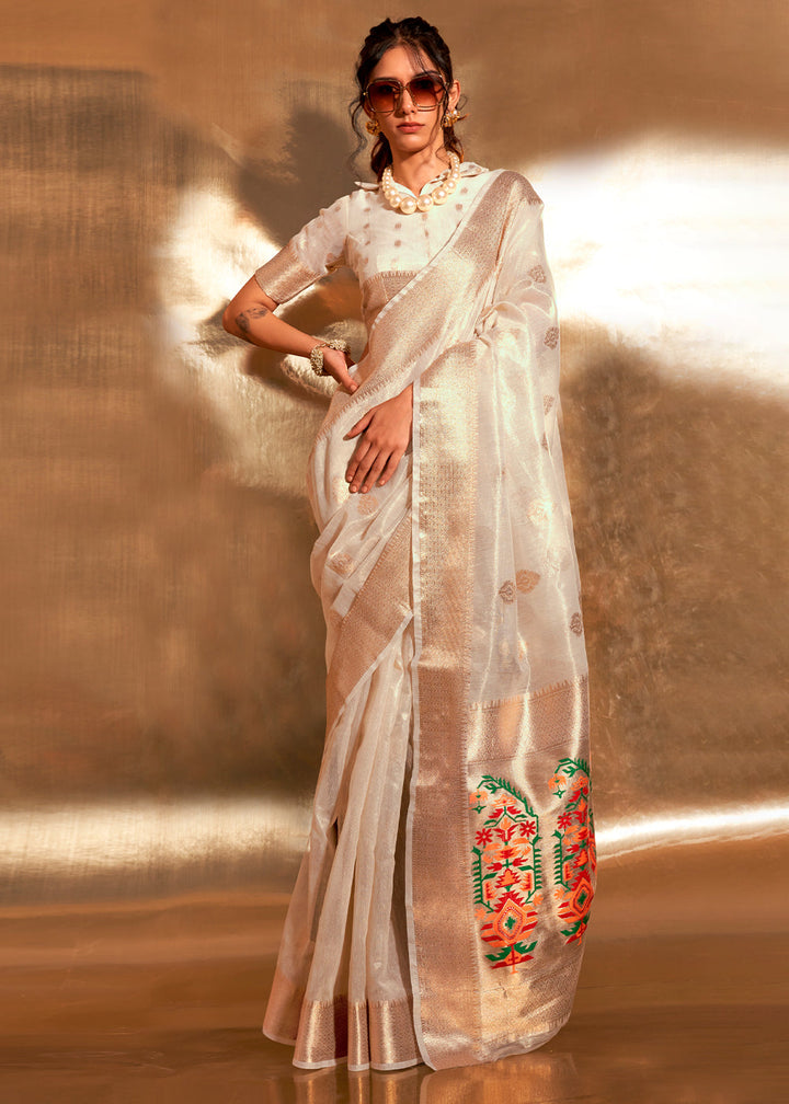 Pearl White Zari Woven Tissue Silk Saree Having Paithani Pallu