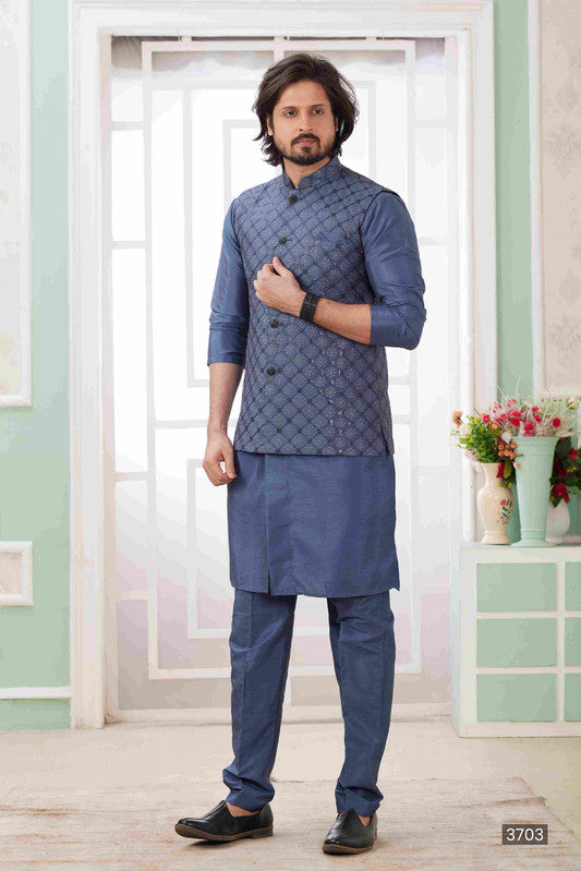 Men's Dark Grey Art Silk Embroidery Collar Neck Jacket Set