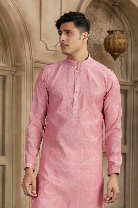 Men's Peach Brocade Art Silk Pintux Work Collar Neck Pajama Set