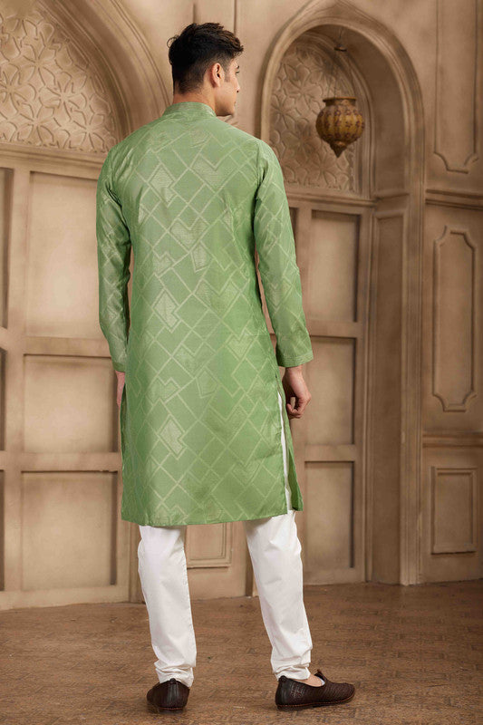 Men's Green Brocade Art Silk Pintux Work Collar Neck Pajama Set