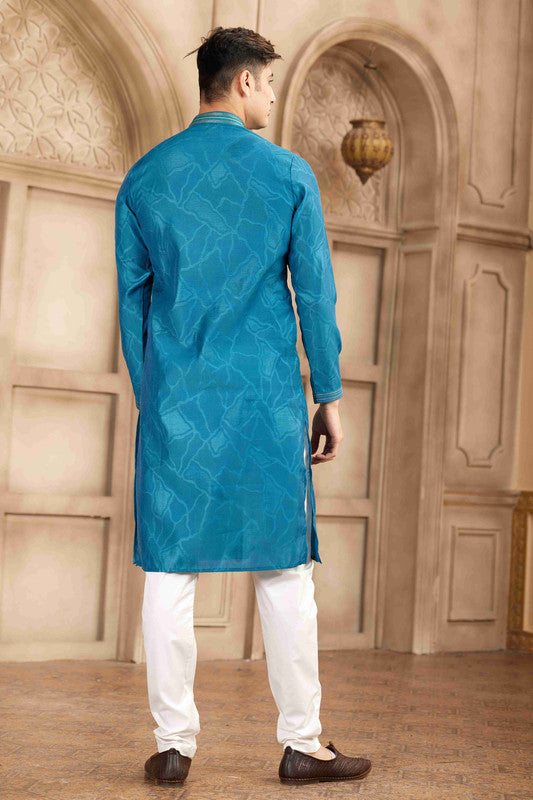 Men's Teal Brocade Art Silk Pintux Work Collar Neck Pajama Set