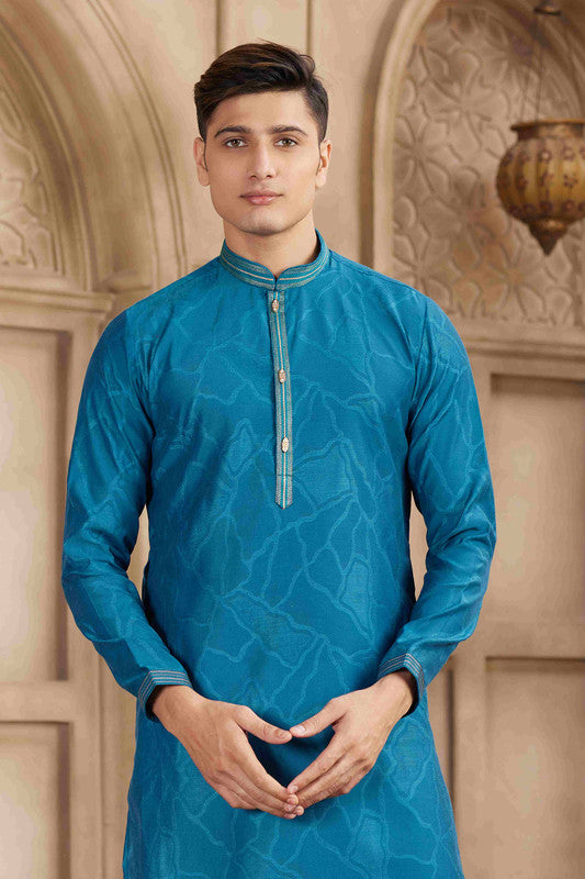 Men's Teal Brocade Art Silk Pintux Work Collar Neck Pajama Set