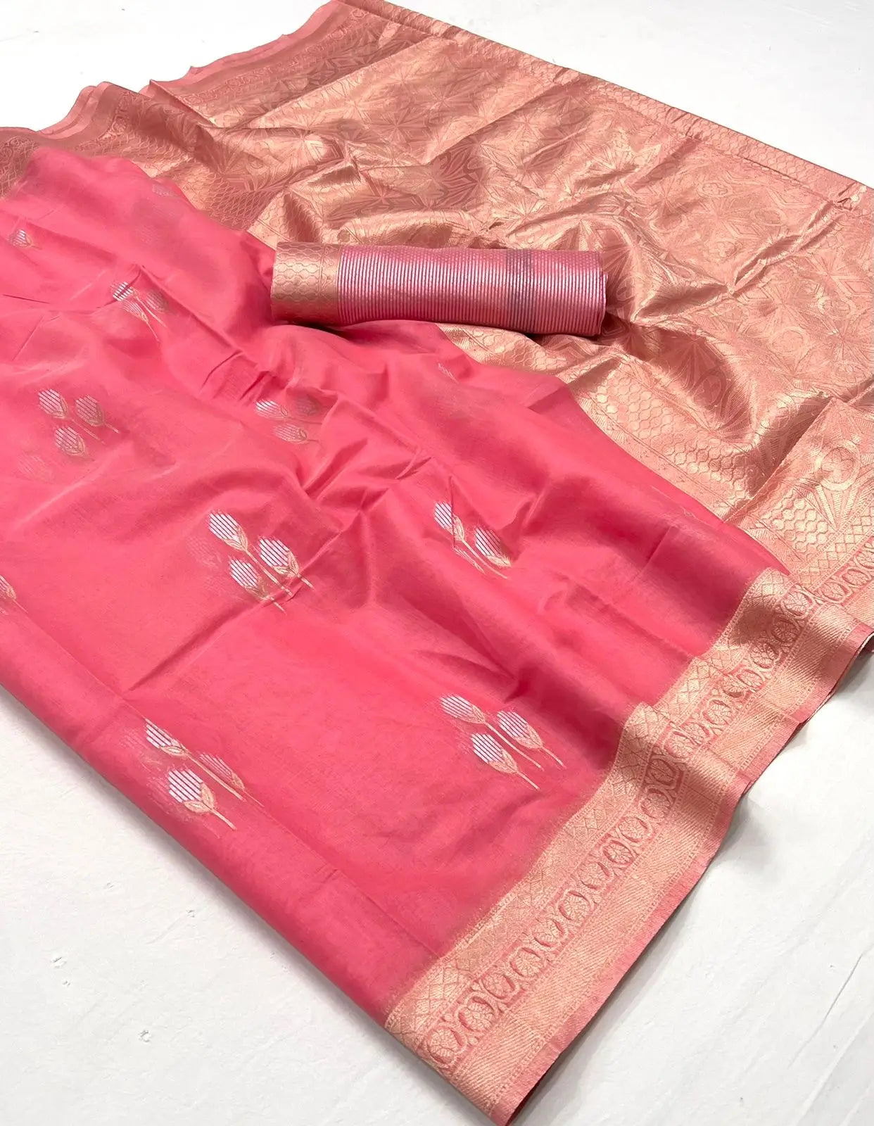 Salmon Pink Linen Cotton Zari Weaving Saree - qivii