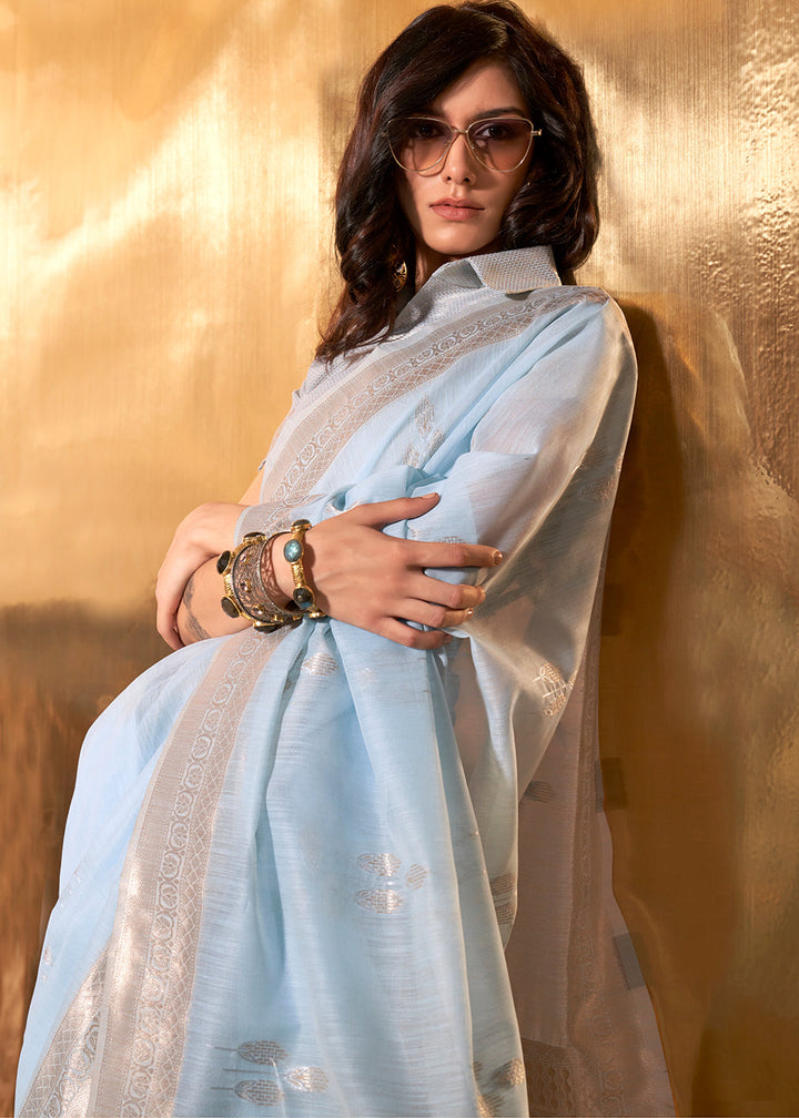 Sky Blue Hand Woven Linen Cotton Saree with Brocade Blouse