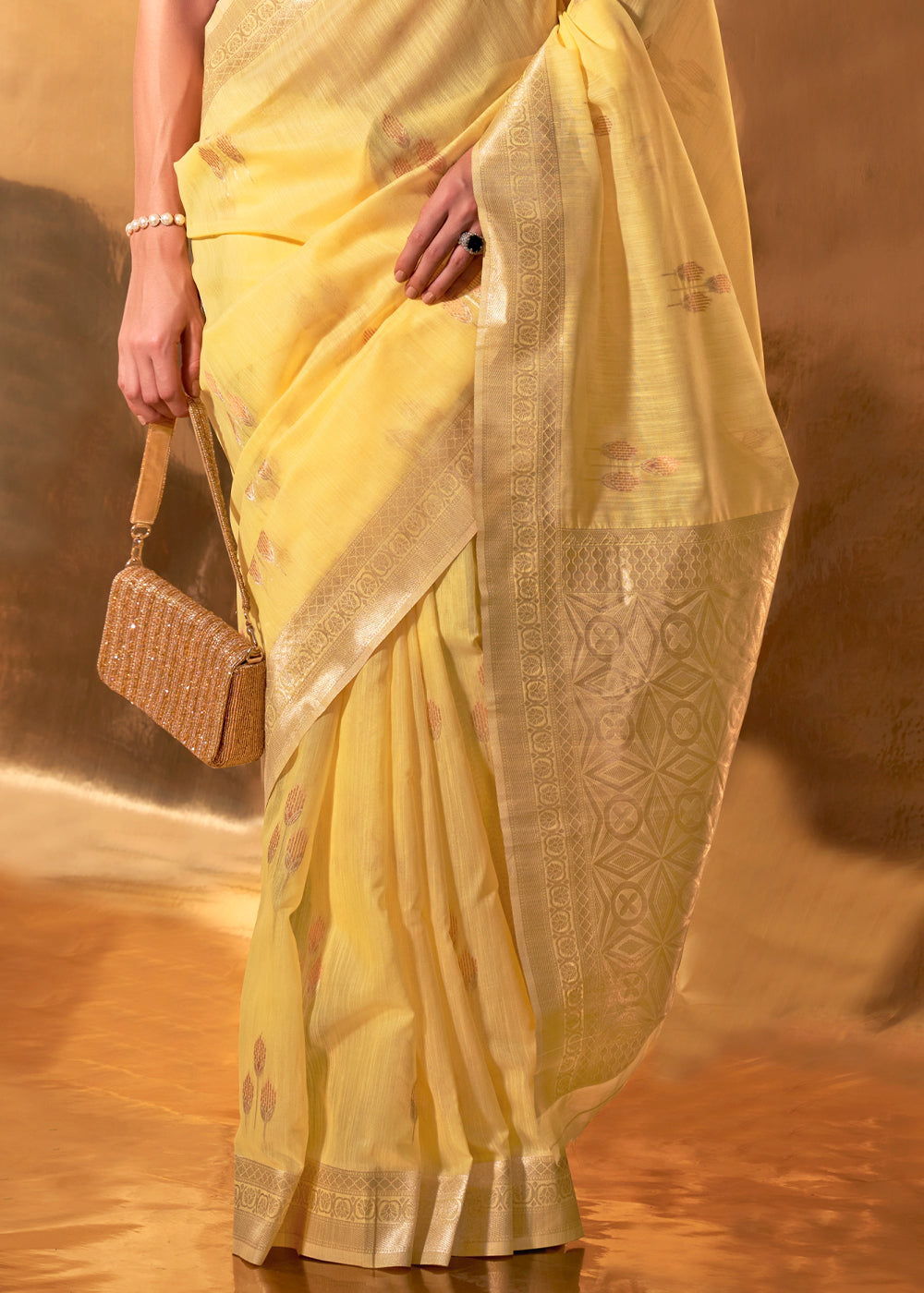 Daffodil Yellow Hand Woven Linen Cotton Saree with Brocade Blouse