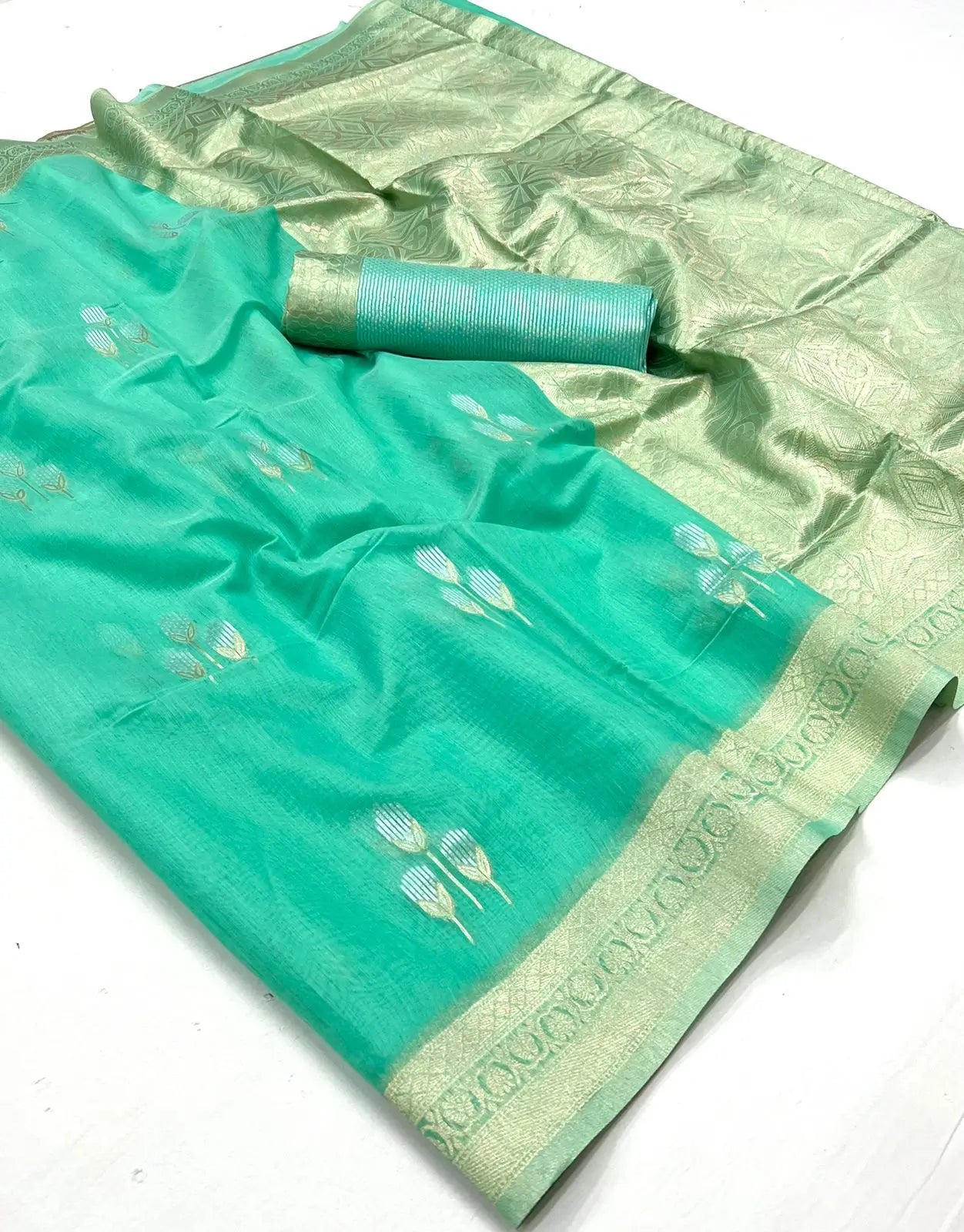 Sea Green Linen Cotton Zari Weaving Saree - qivii