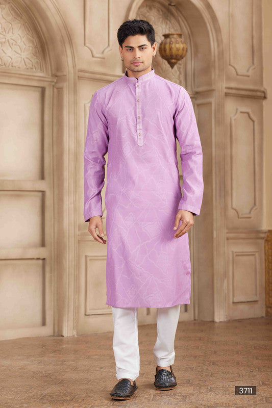 Men's Purple Brocade Art Silk Pintux Work Collar Neck Pajama Set
