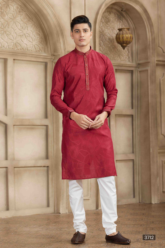 Men's Maroon Brocade Art Silk Pintux Work Collar Neck Pajama Set