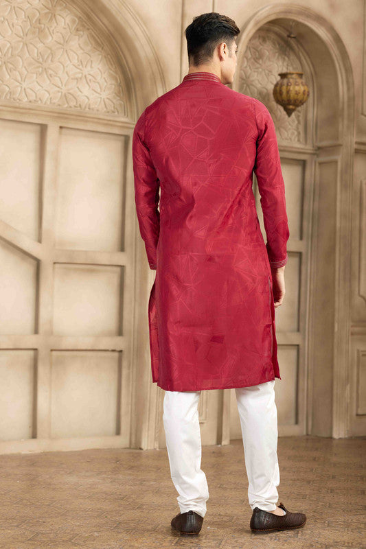 Men's Maroon Brocade Art Silk Pintux Work Collar Neck Pajama Set