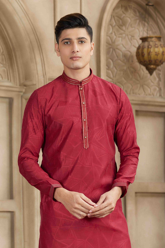 Men's Maroon Brocade Art Silk Pintux Work Collar Neck Pajama Set
