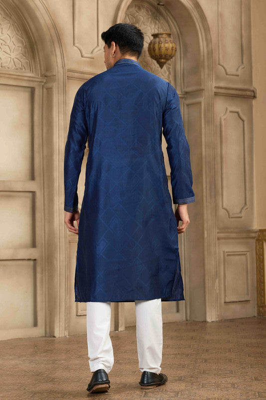 Men's Blue Brocade Art Silk Pintux Work Collar Neck Pajama Set