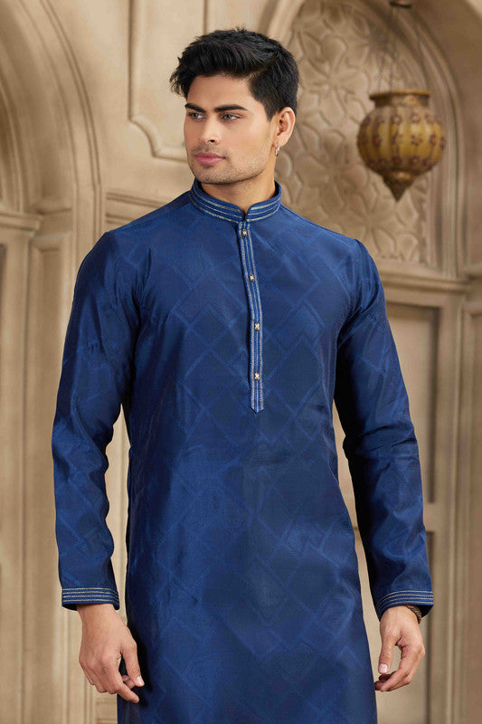 Men's Blue Brocade Art Silk Pintux Work Collar Neck Pajama Set
