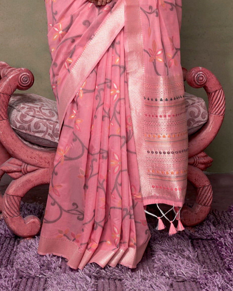 Elegant pink cotton saree with intricate prints, perfect for festive occasions