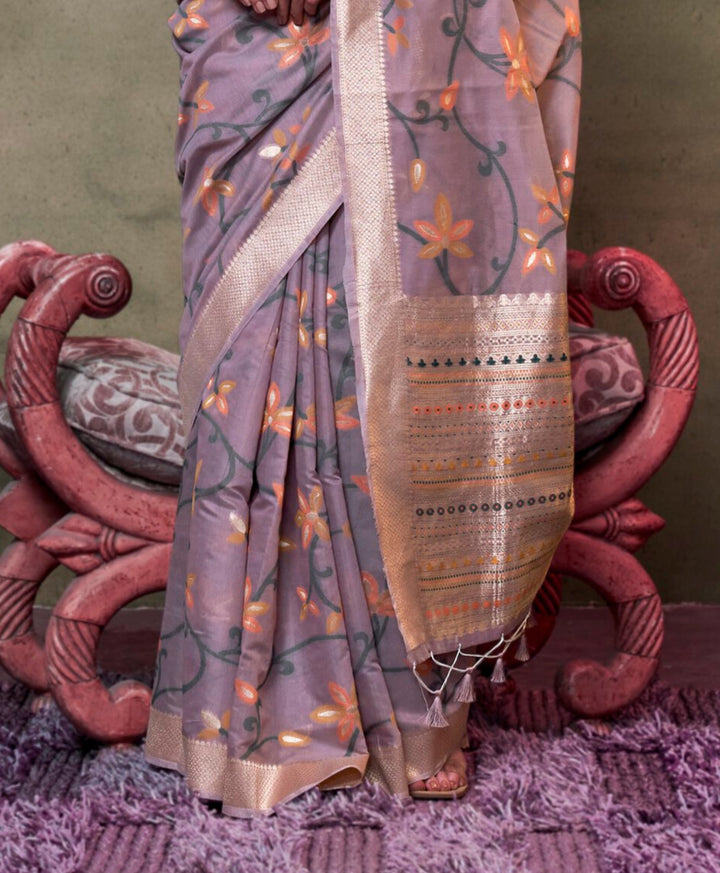 Lavender Color Printed Work Brilliant Festive Wear Cotton Saree