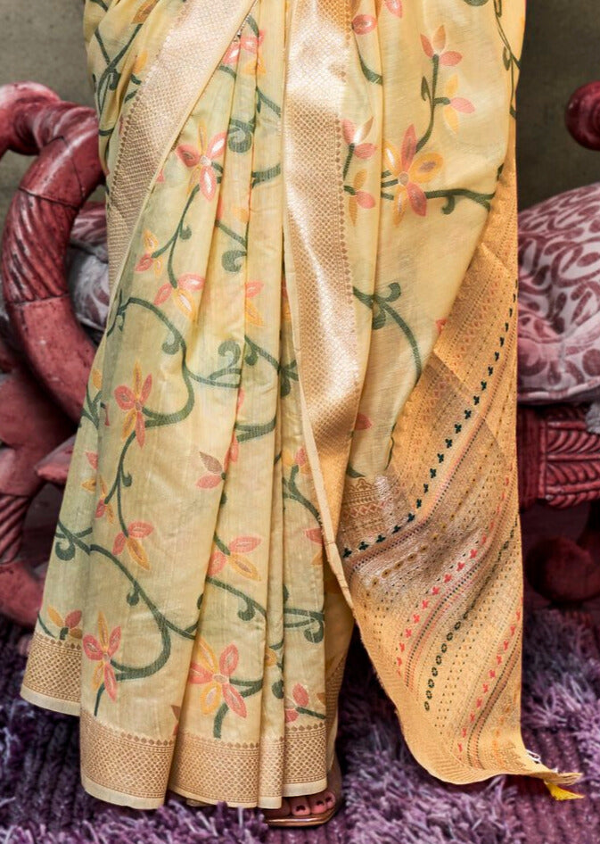 Printed Work Imposing Festive Wear Cotton Saree In Yellow Color