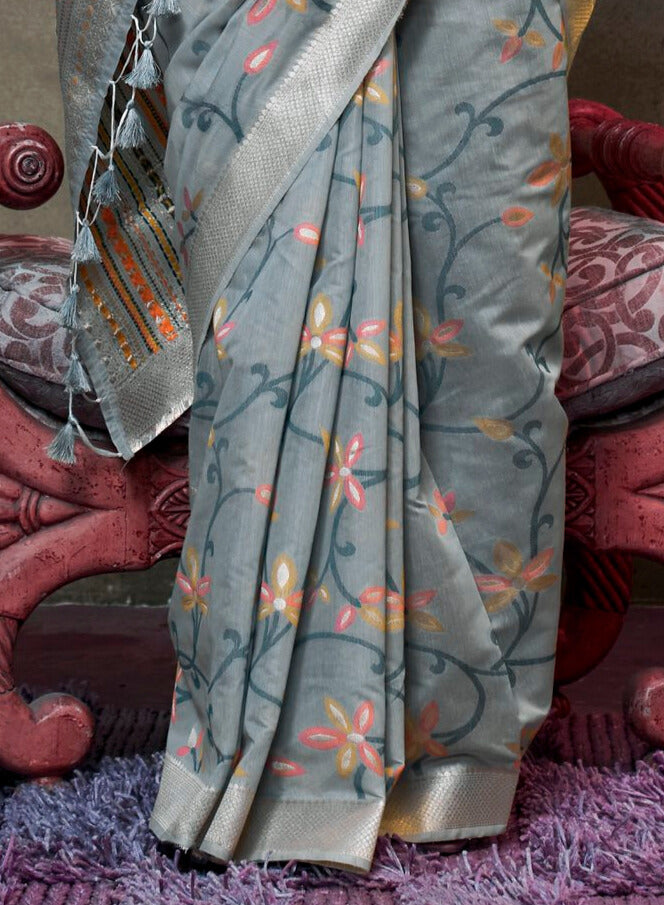 Printed Work Soothing Festive Wear Cotton Saree In Grey Color