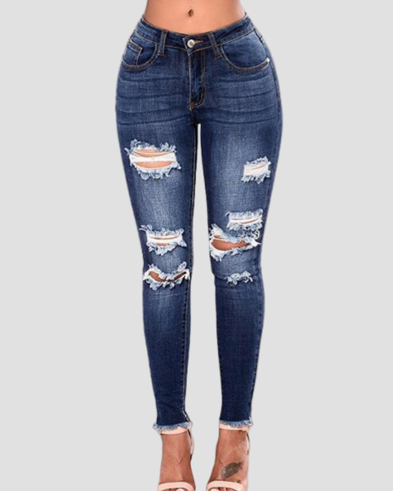 High Waisted Skinny Stretchy Soft Slim Fit Retro Distressed Jeans  - By Qivii