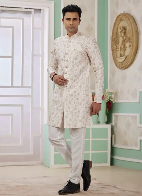 Men's Cream Banarasi Jacquard Embroidery Indo Western Set
