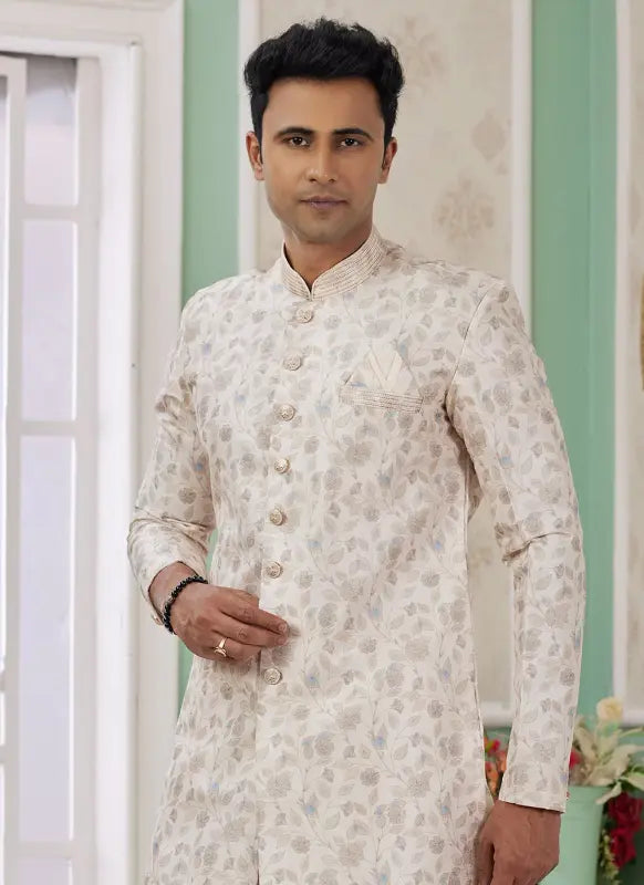 Men's Cream Banarasi Jacquard Embroidery Indo Western Set