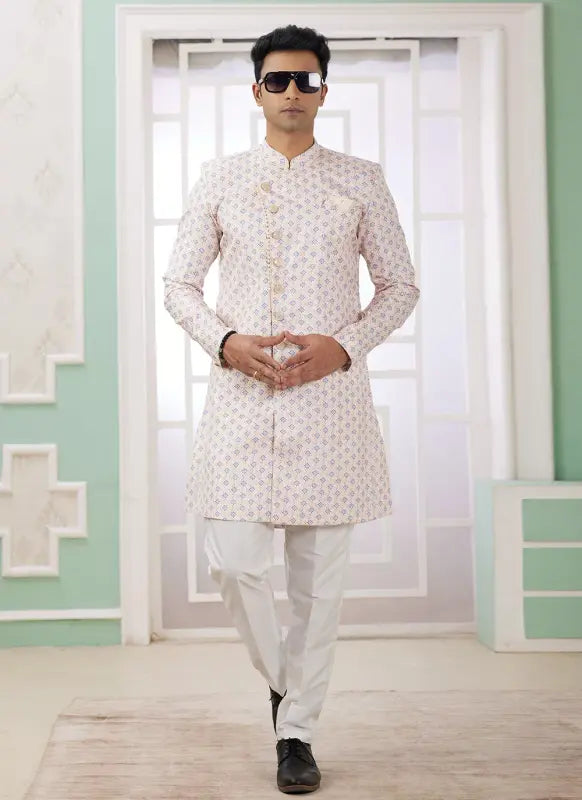 Men's Cream Blue Banarasi Jacquard Embroidery Indo Western Set