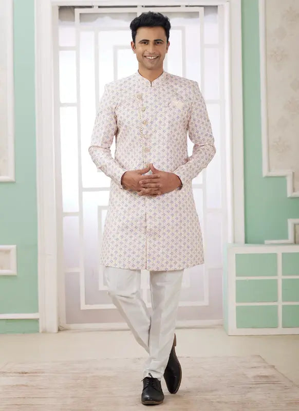 Men's Cream Blue Banarasi Jacquard Embroidery Indo Western Set
