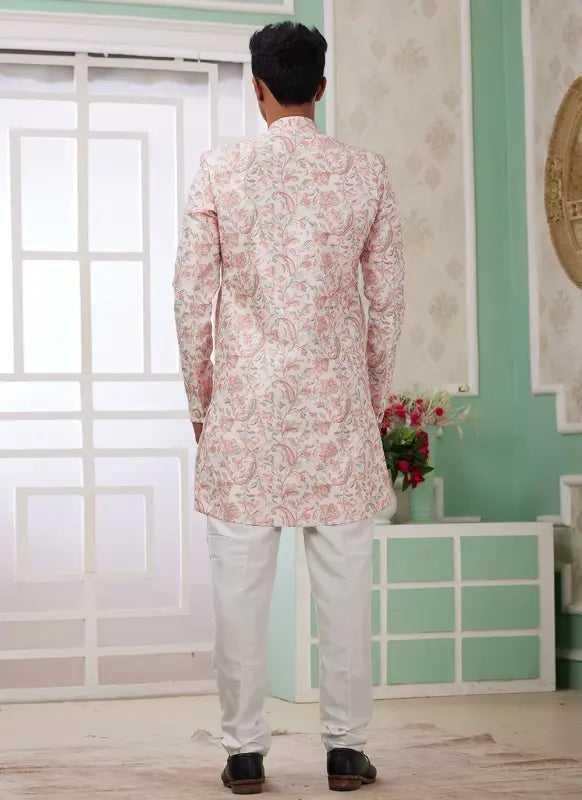 Men's Peach Banarasi Jacquard Embroidery Indo Western Set