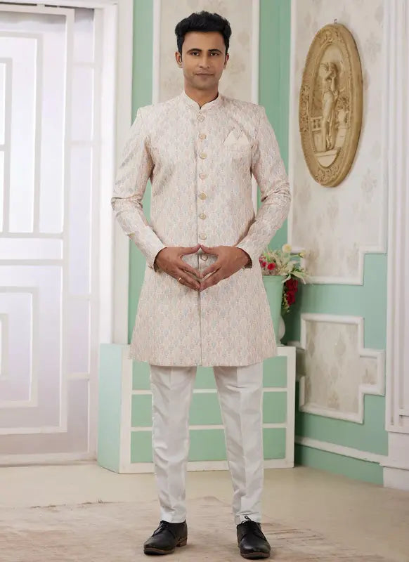 Men's Beige Banarasi Jacquard Embroidery Indo Western Set