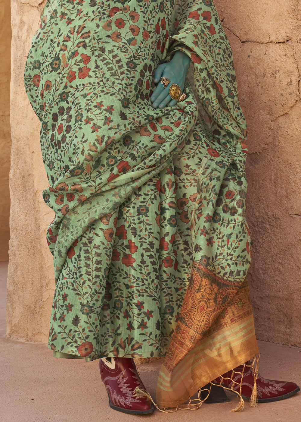 Light Jade Green Floral Printed Tissue Handloom Saree - qivii