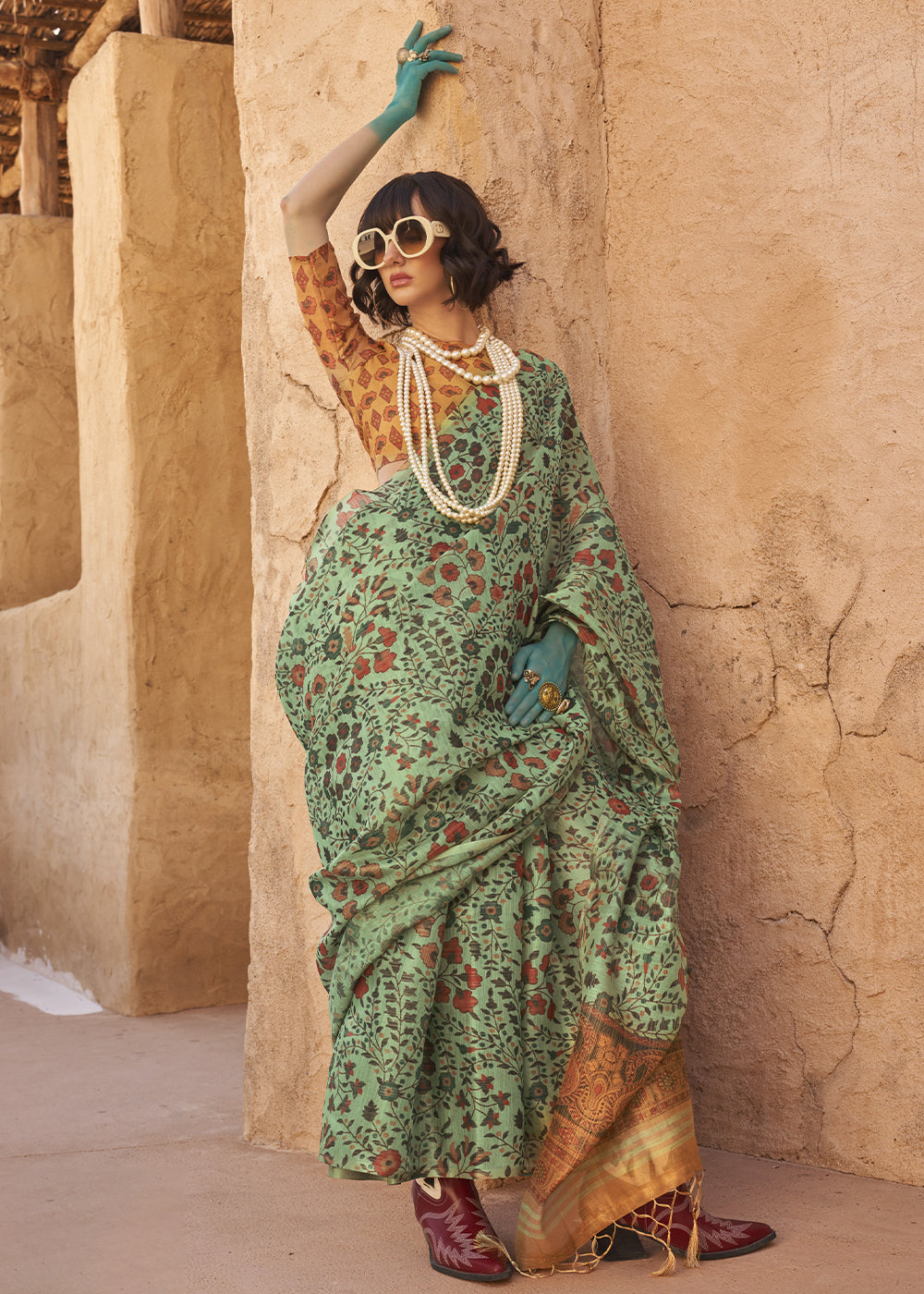 Light Jade Green Floral Printed Tissue Handloom Saree - qivii