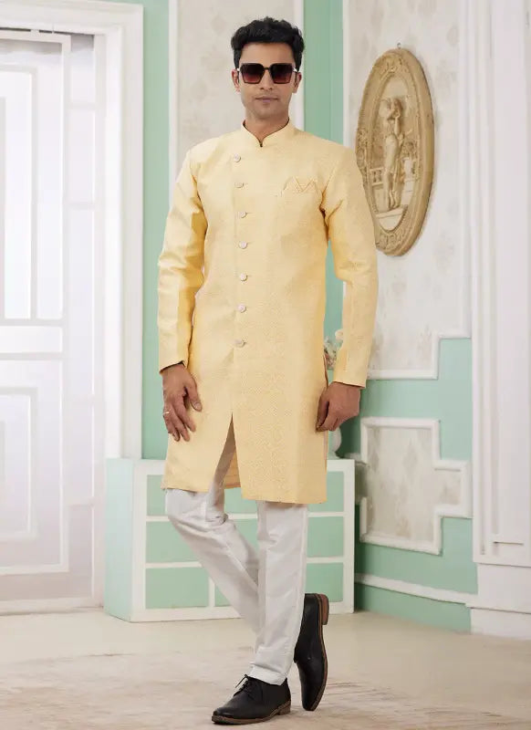 Men's Yellow Banarasi Jacquard Embroidery Indo Western Set