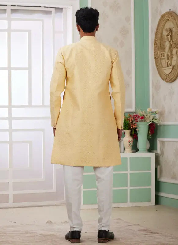 Men's Yellow Banarasi Jacquard Embroidery Indo Western Set