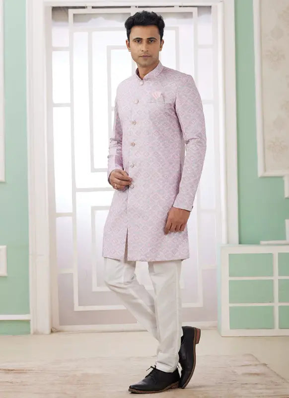 Men's Pink Banarasi Jacquard Embroidery Indo Western Set