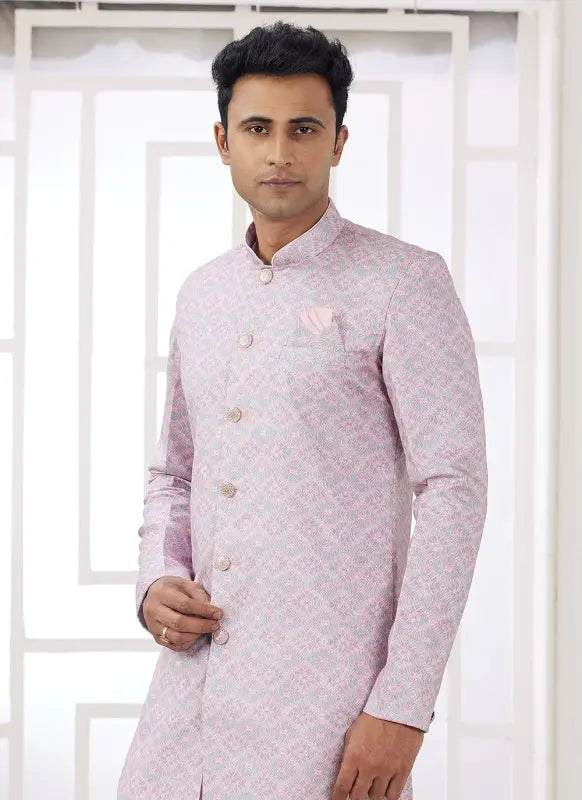 Men's Pink Banarasi Jacquard Embroidery Indo Western Set