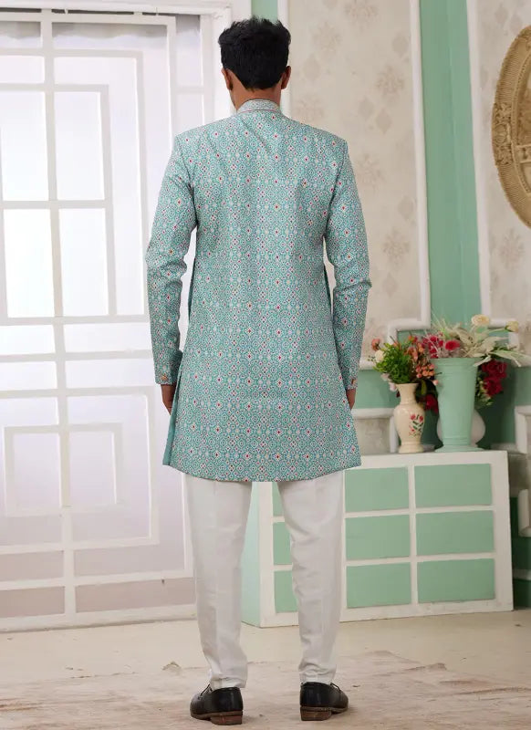 Men's Green Banarasi Jacquard Embroidery Indo Western Set