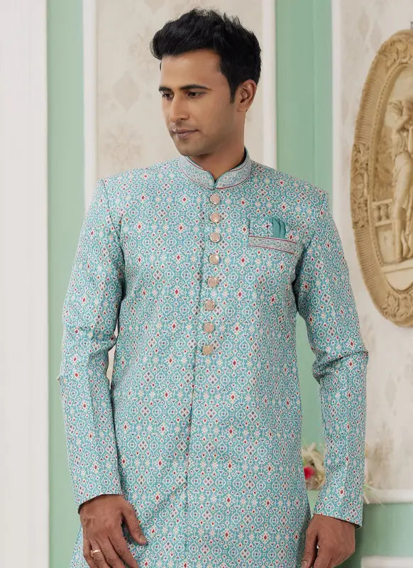 Men's Green Banarasi Jacquard Embroidery Indo Western Set