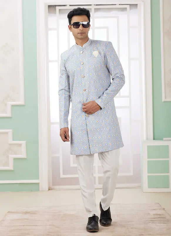 Men's Blue Banarasi Jacquard Embroidery Indo Western Set