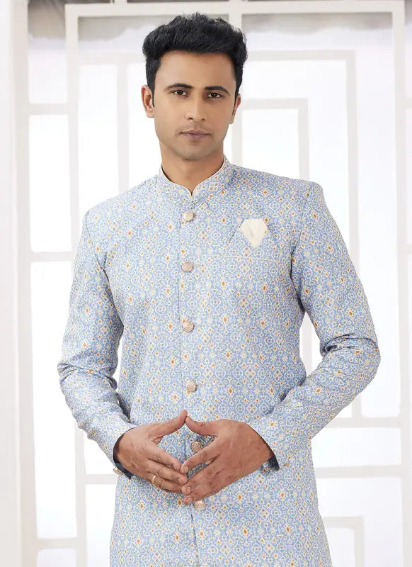 Men's Blue Banarasi Jacquard Embroidery Indo Western Set