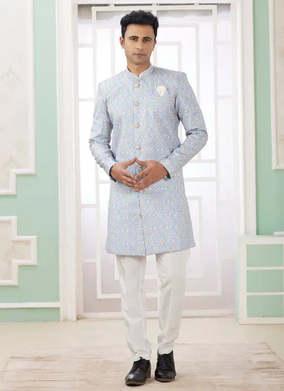 Men's Blue Banarasi Jacquard Embroidery Indo Western Set