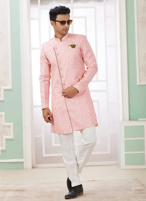 Men's Dark Pink Banarasi Jacquard Embroidery Indo Western Set