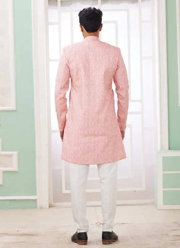 Men's Dark Pink Banarasi Jacquard Embroidery Indo Western Set