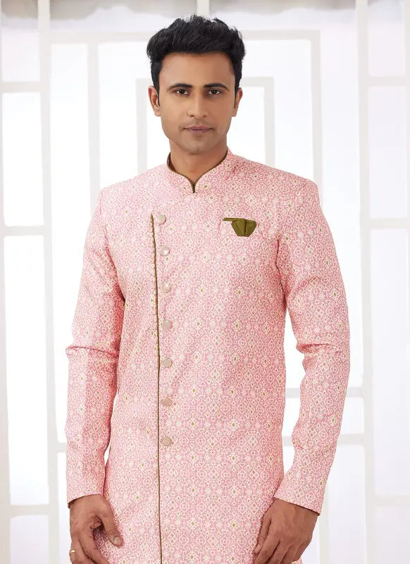 Men's Dark Pink Banarasi Jacquard Embroidery Indo Western Set