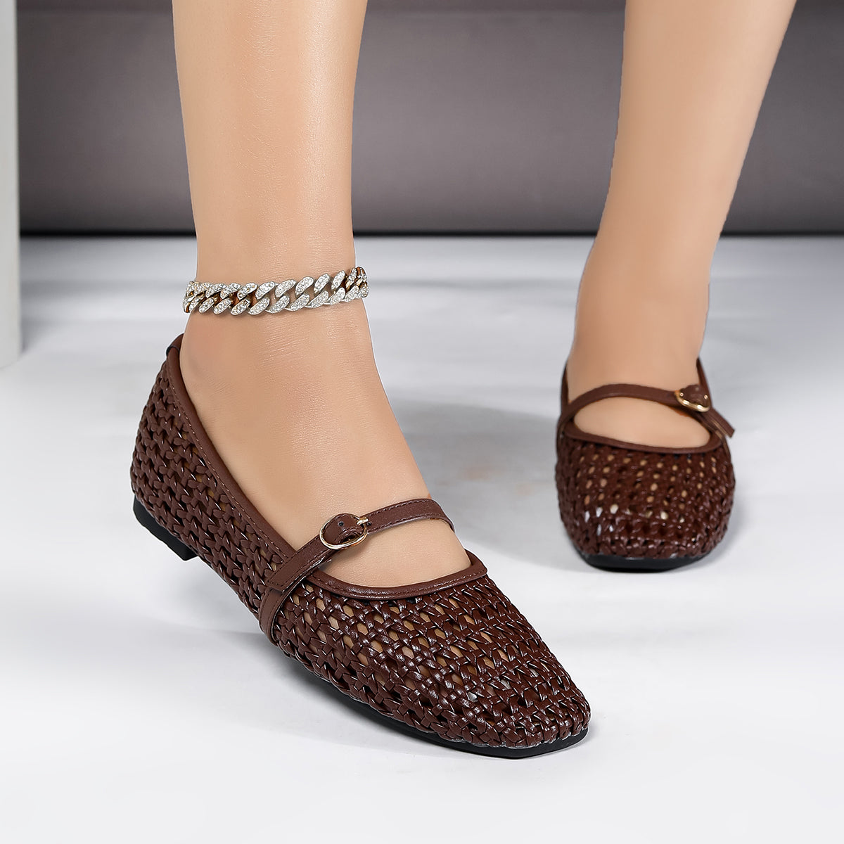 Women’s Aria Handwoven Mary Jane Flat – Vegan Leather Ballet Flats with Buckle Strap, Breathable Comfort (US 5–10.5)