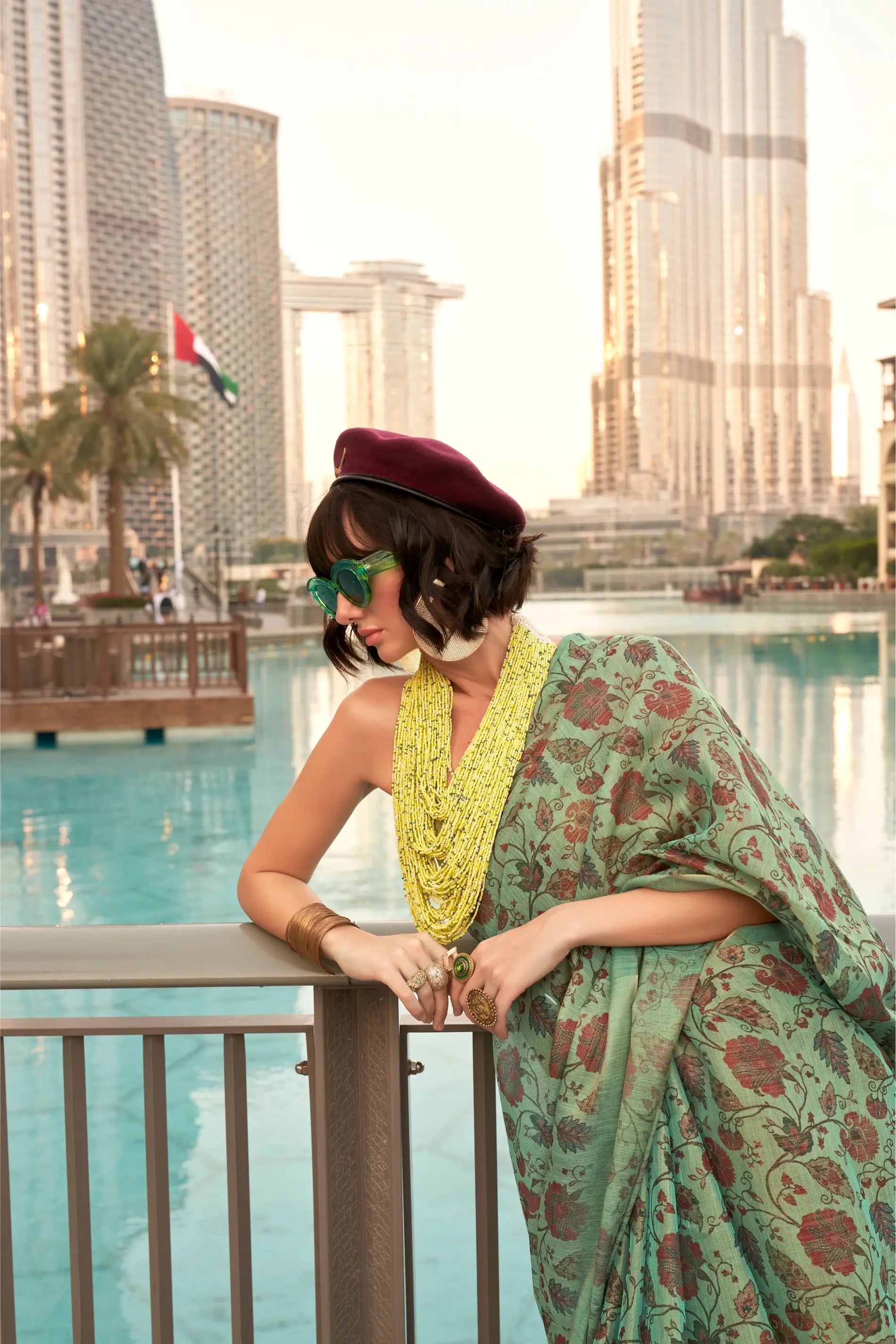 Dusty Green Tissue Saree with Print & Zari Weaving Work - qivii