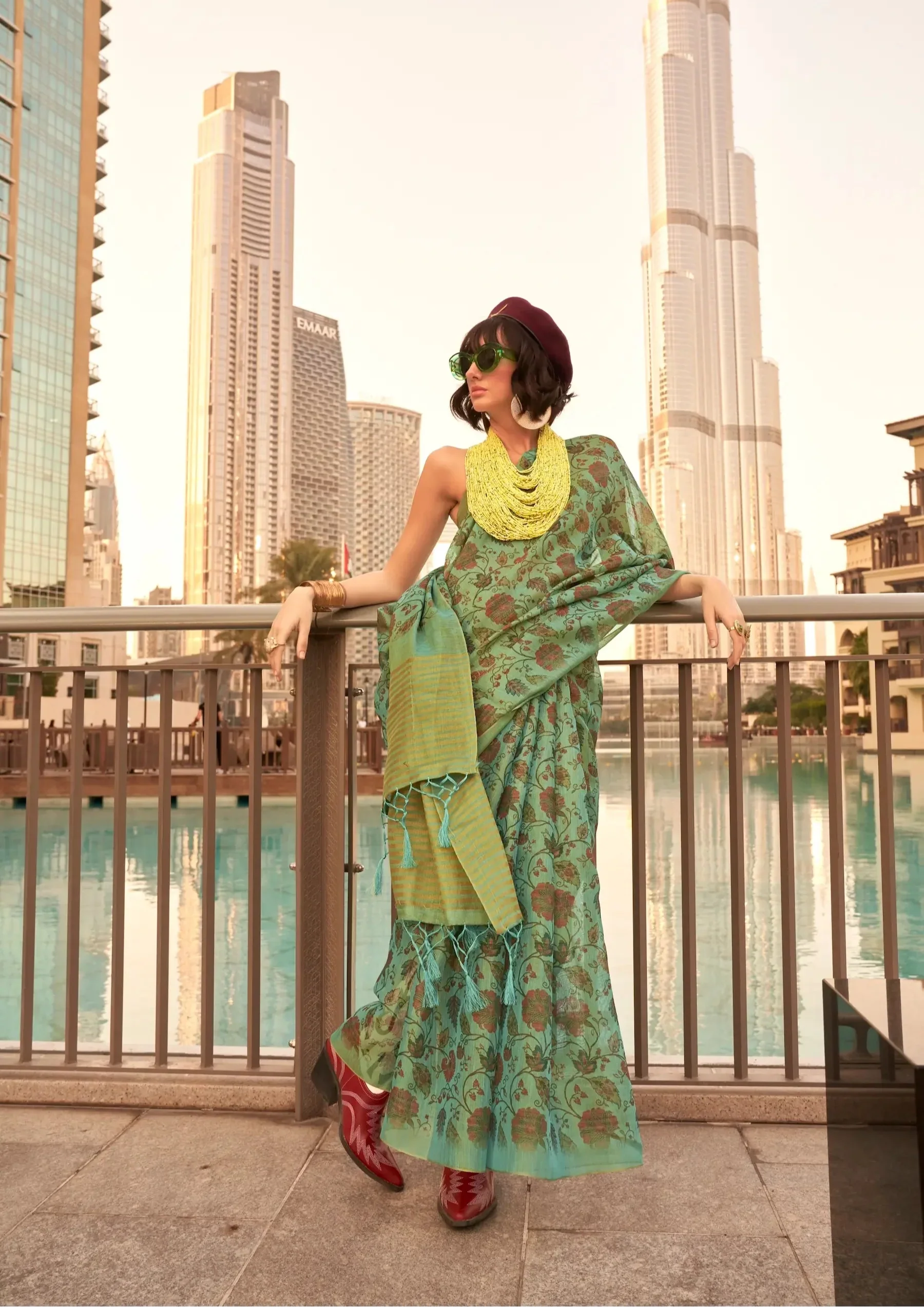 Dusty Green Tissue Saree with Print & Zari Weaving Work - qivii