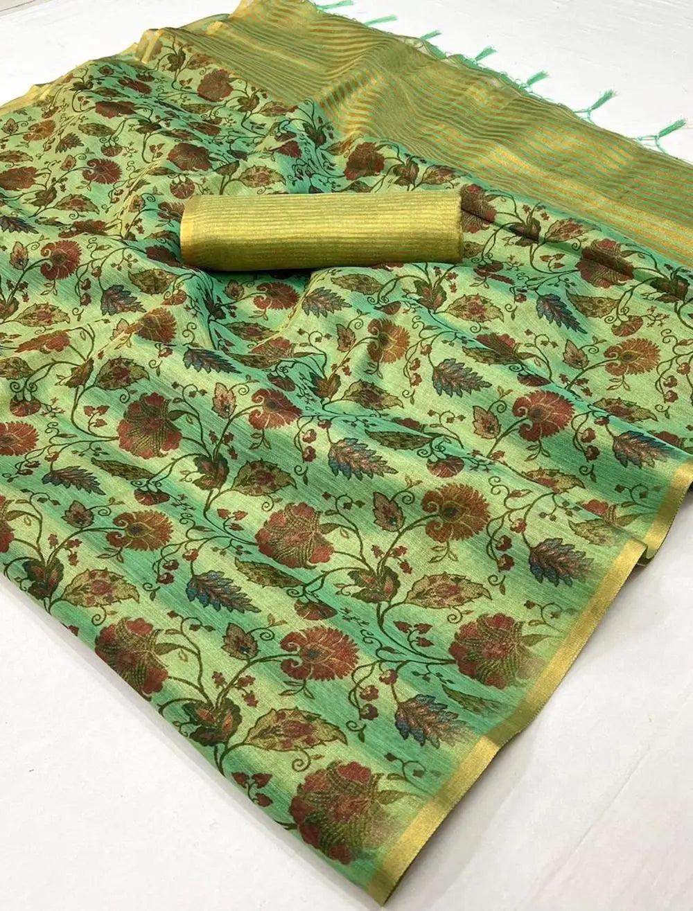 Dusty Green Tissue Saree with Print & Zari Weaving Work - qivii