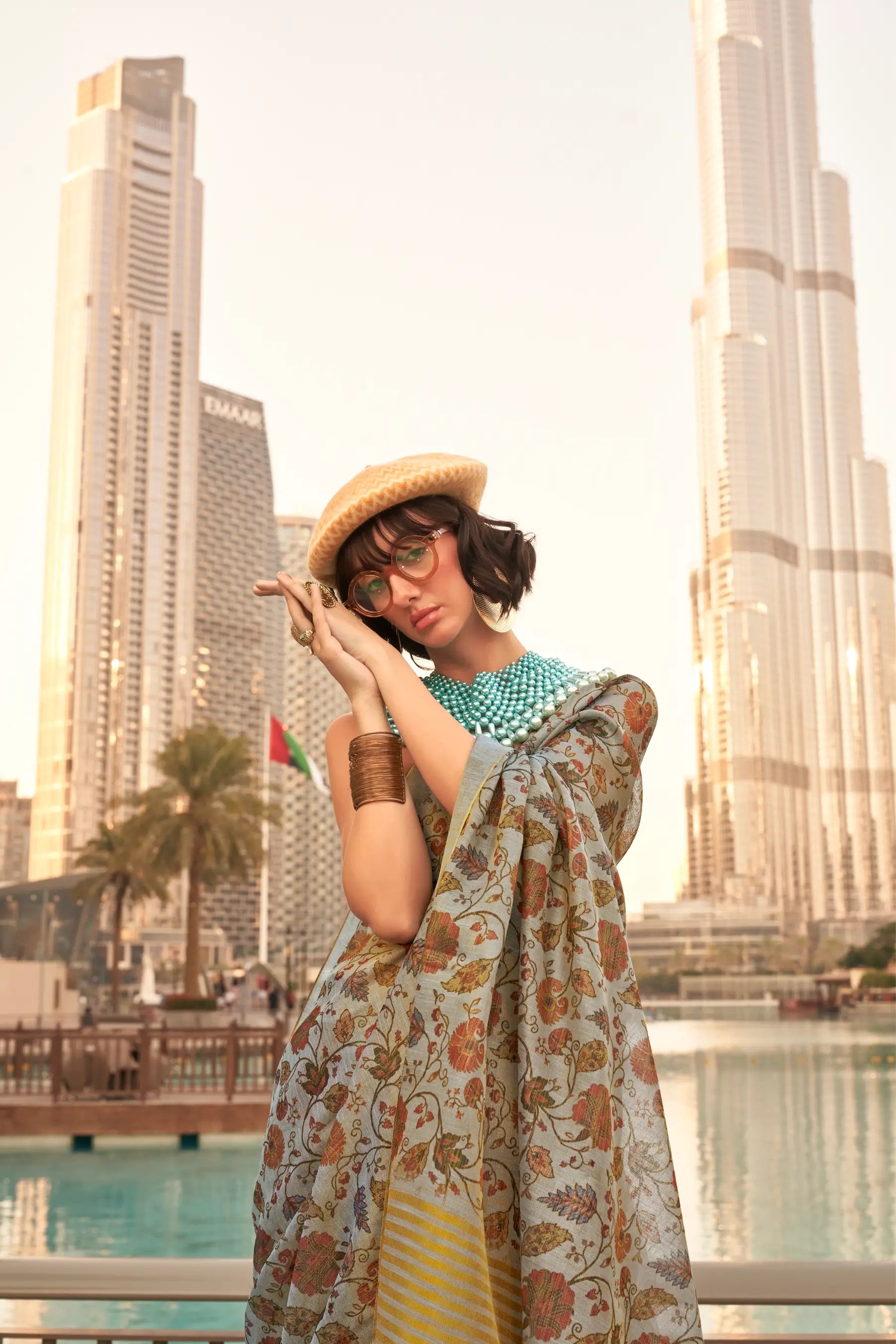 Dusty Grey Tissue Saree with Print & Zari Weaving Work - qivii